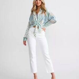 New Kancan High Rise Cropped Straight Jeans 28x27 White Stretch Frayed Hem